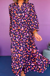 Printed Notched Long Sleeve Dress OutfitFlow